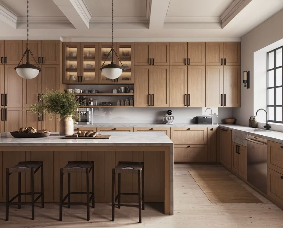 Natural oak shaker kitchen cabinets from the Forevermark line carried by Division Seven Millwork
